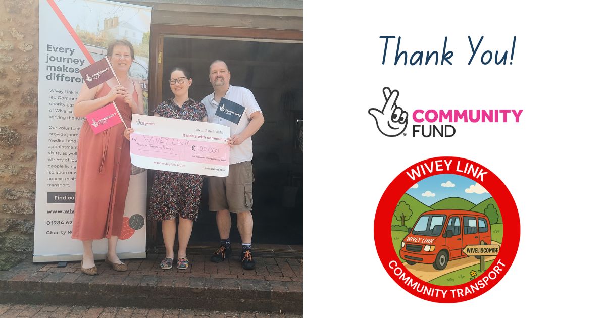 Image contains the charity logo and the National Lottery Community Fund logo, alongside a picture of the staff team with a giant cheque.